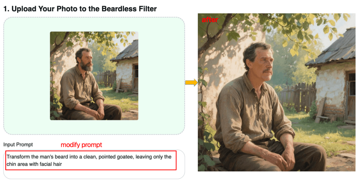 A man's face with a prompt box showing 'change beard to a goatee'