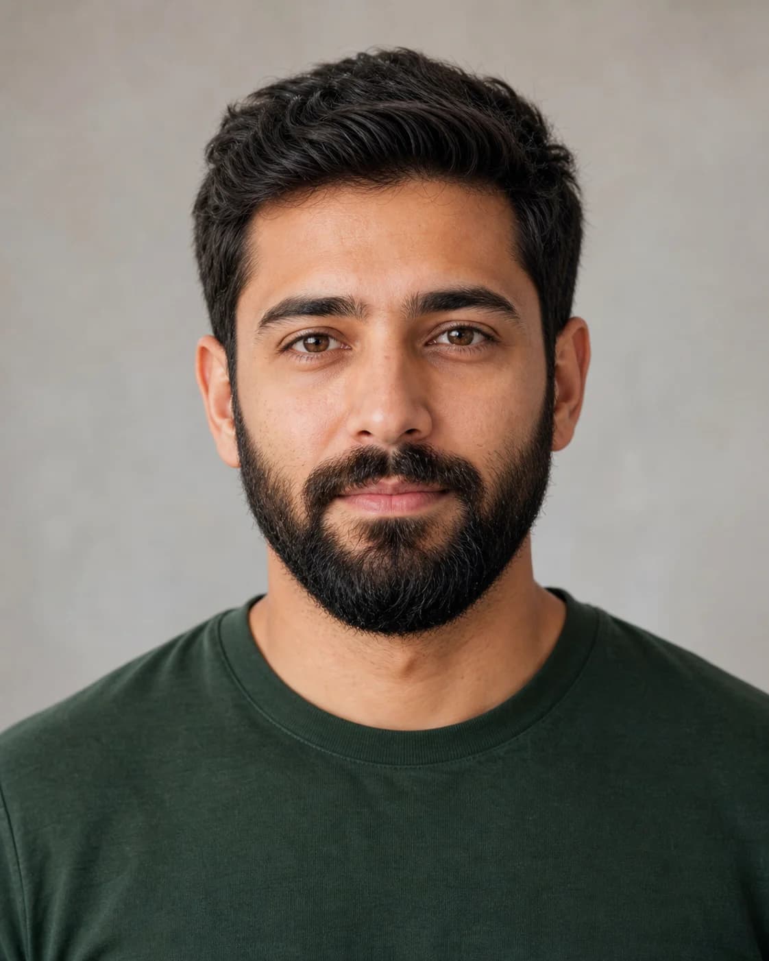 Front-facing portrait of a man with a full dark beard before using the AI beard remover
